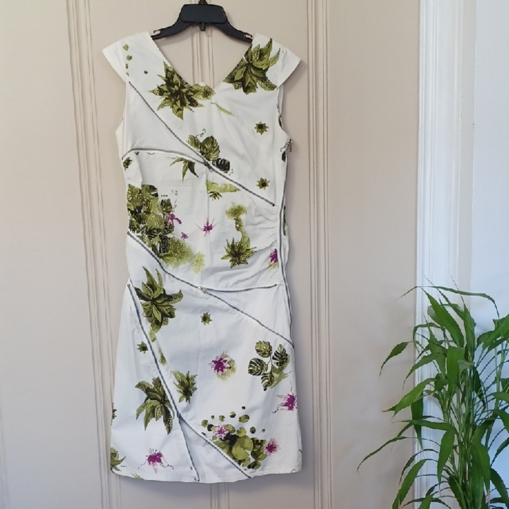 Skunkfunk White Dress W/Green & Purple Floral Design. Cotton, Multiple zippers